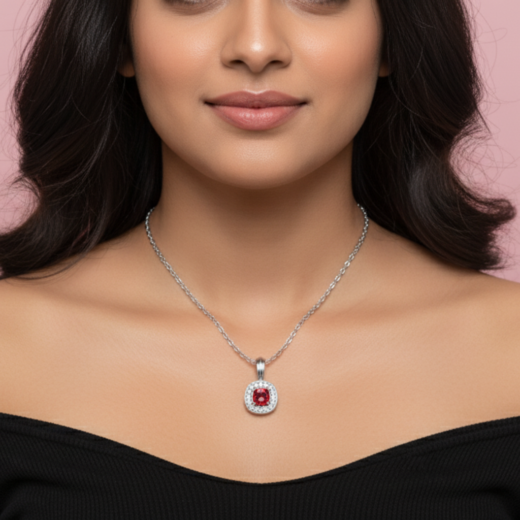 Liham Red Cushion 925 Pure Silver Necklace My Store